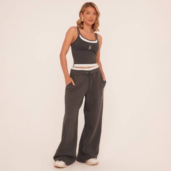 EGO Tie Contrast Waistband Wide Leg Joggers In Grey, Women's Size UK 12 - 1