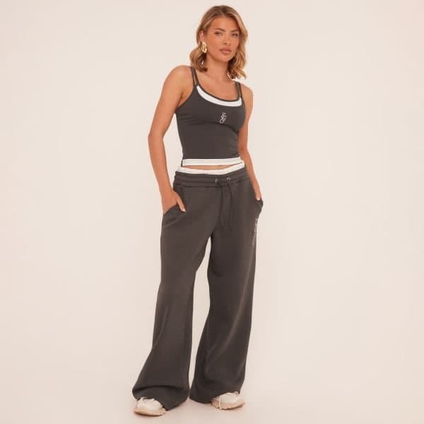 EGO Tie Contrast Waistband Wide Leg Joggers In Grey, Women's Size UK 12