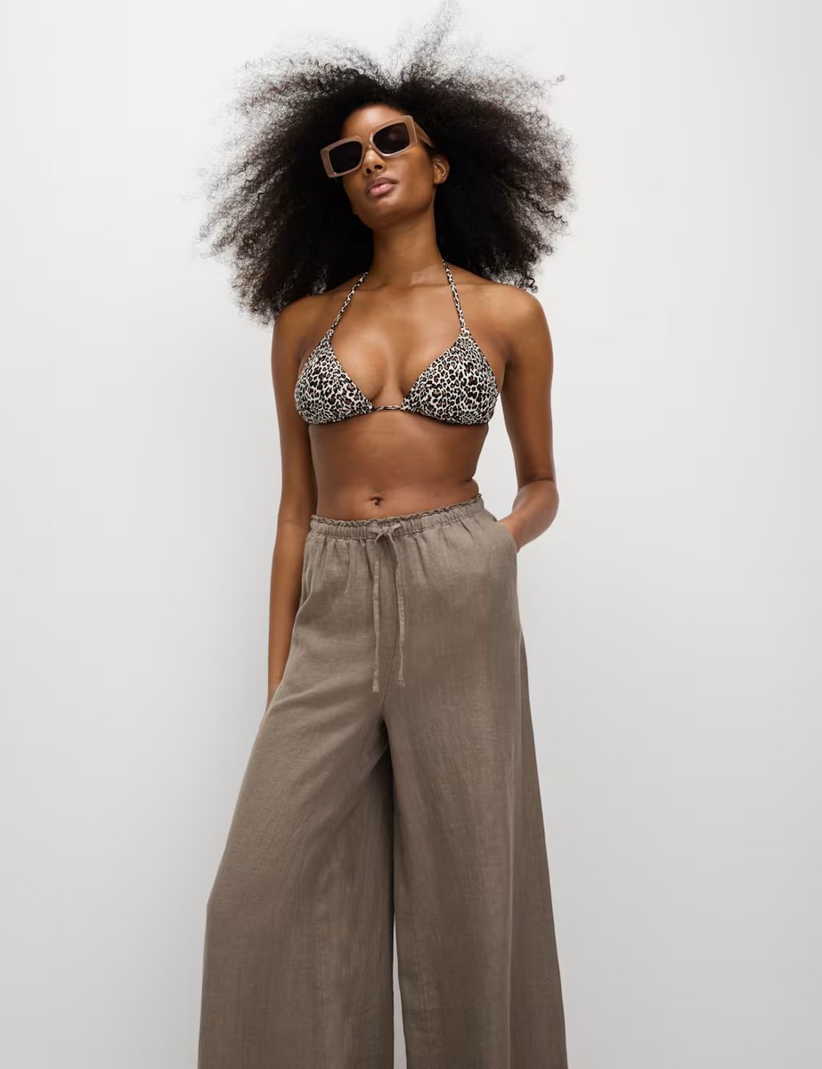 Marks & Spencer M&S Pure Linen Wide Leg Palazzo Trousers Natural Beige - 2