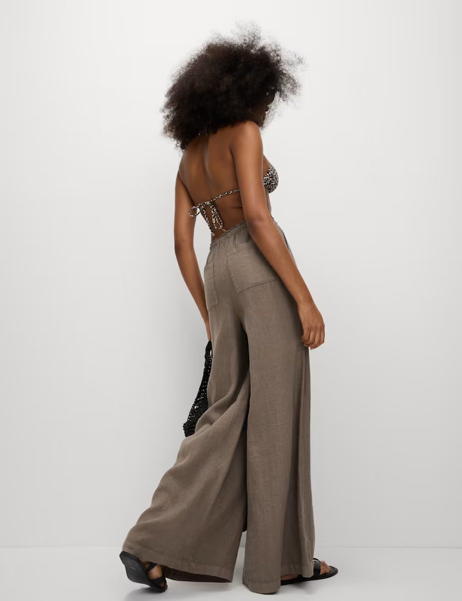 Marks & Spencer M&S Pure Linen Wide Leg Palazzo Trousers Natural Beige - 3