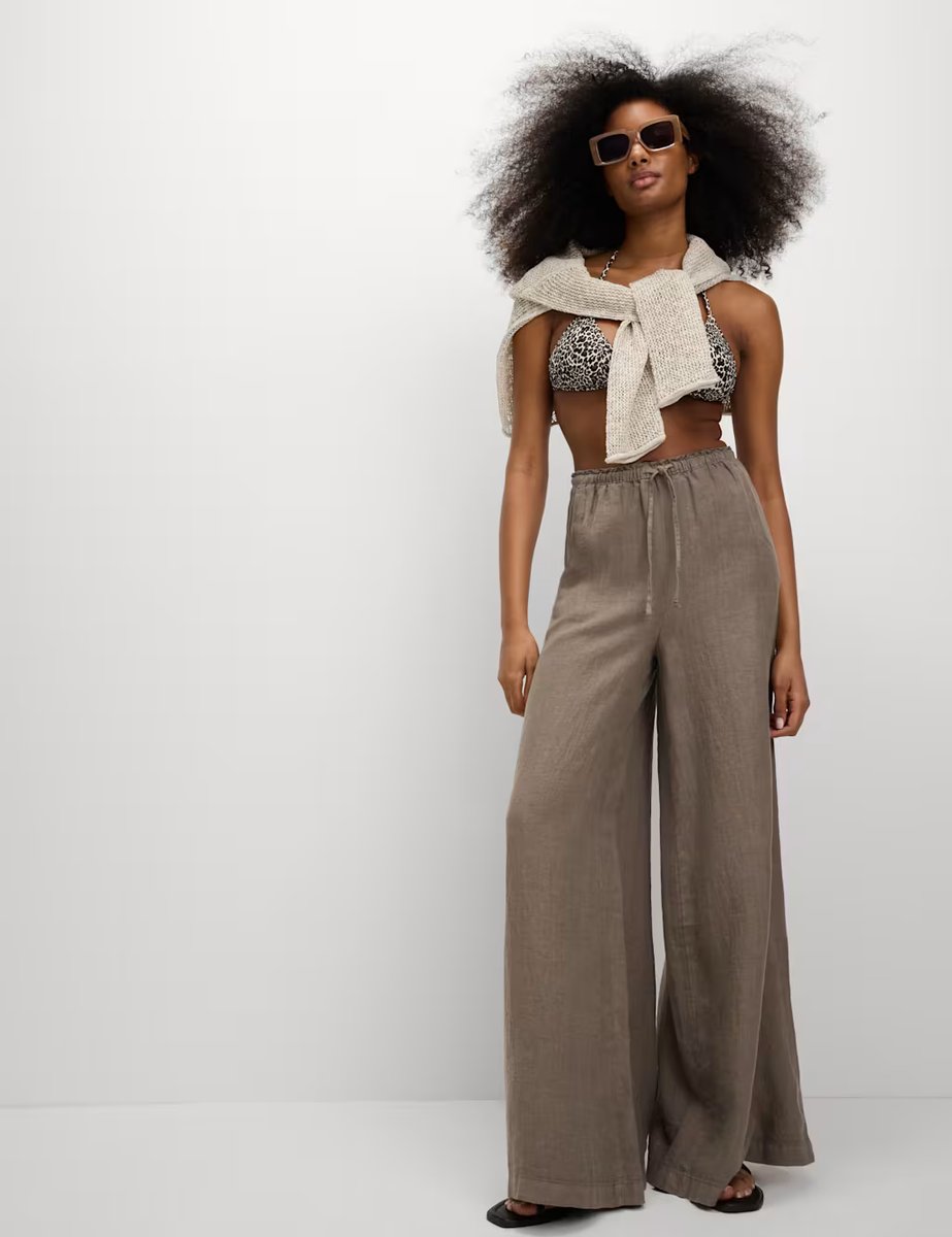 Marks & Spencer M&S Pure Linen Wide Leg Palazzo Trousers Natural Beige - 4