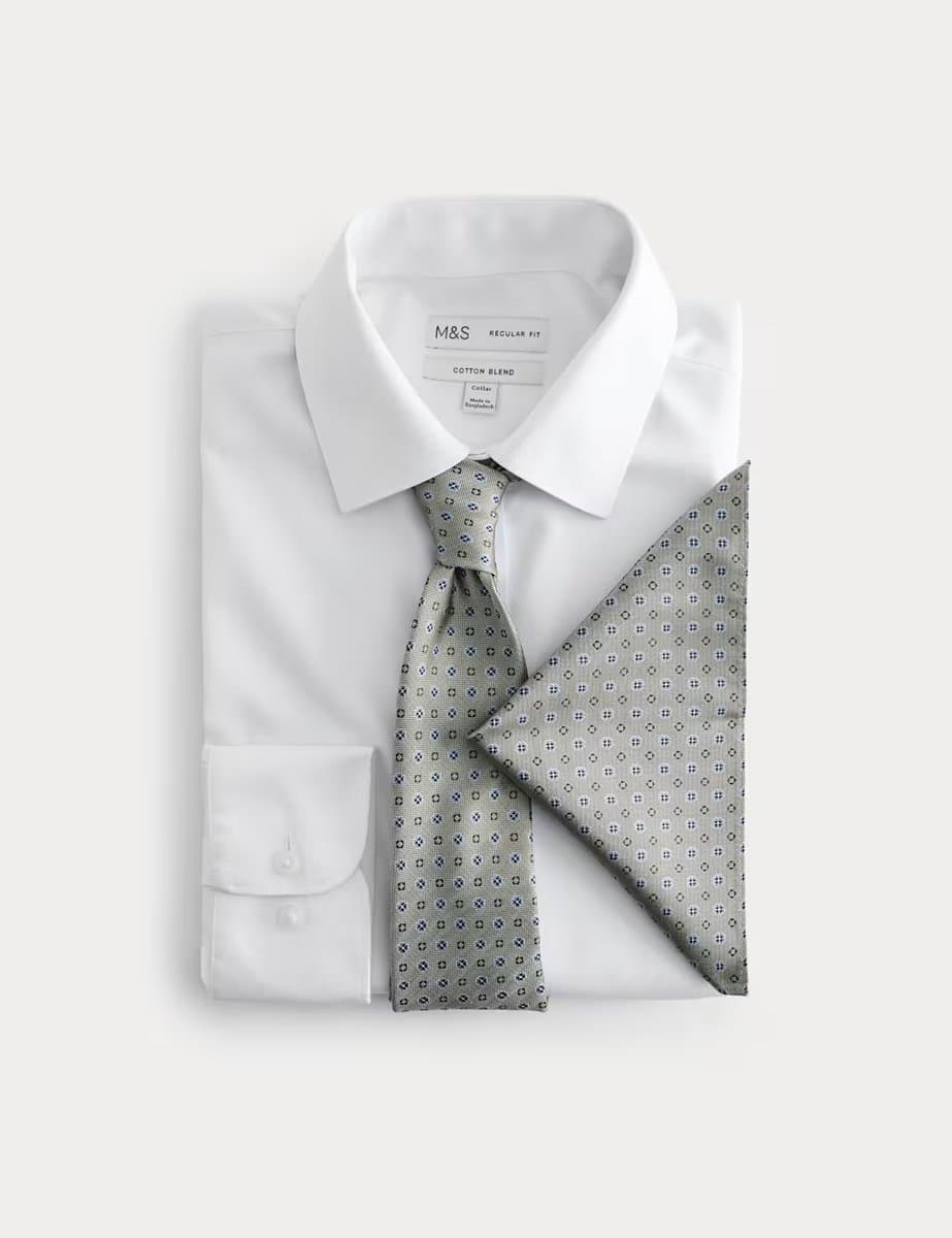 Marks & Spencer M&S Regular Fit Easy Iron Shirt & Tie Set in Green Mix
