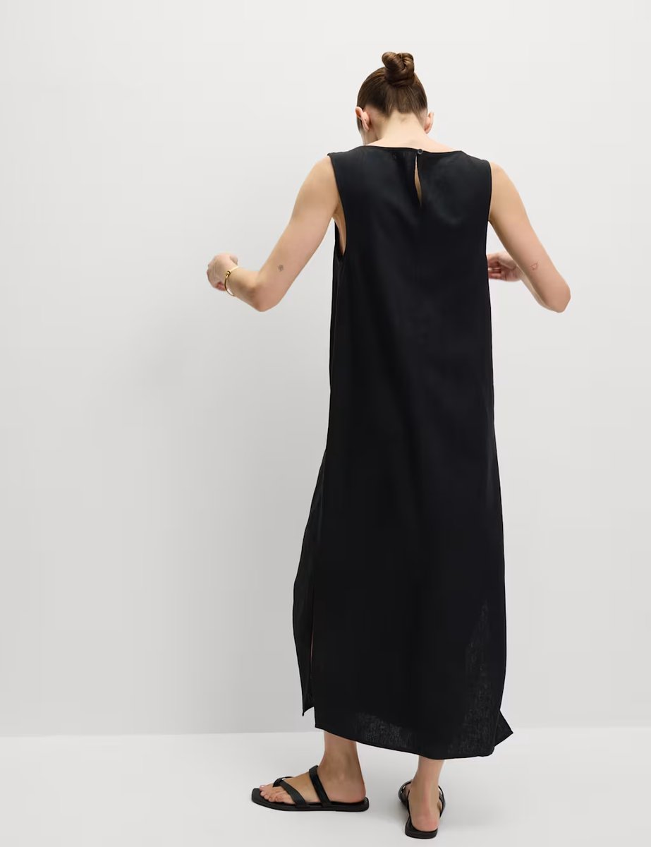 Marks & Spencer M&S Linen Rich Tie Neck Midaxi Shift Dress Black - 3