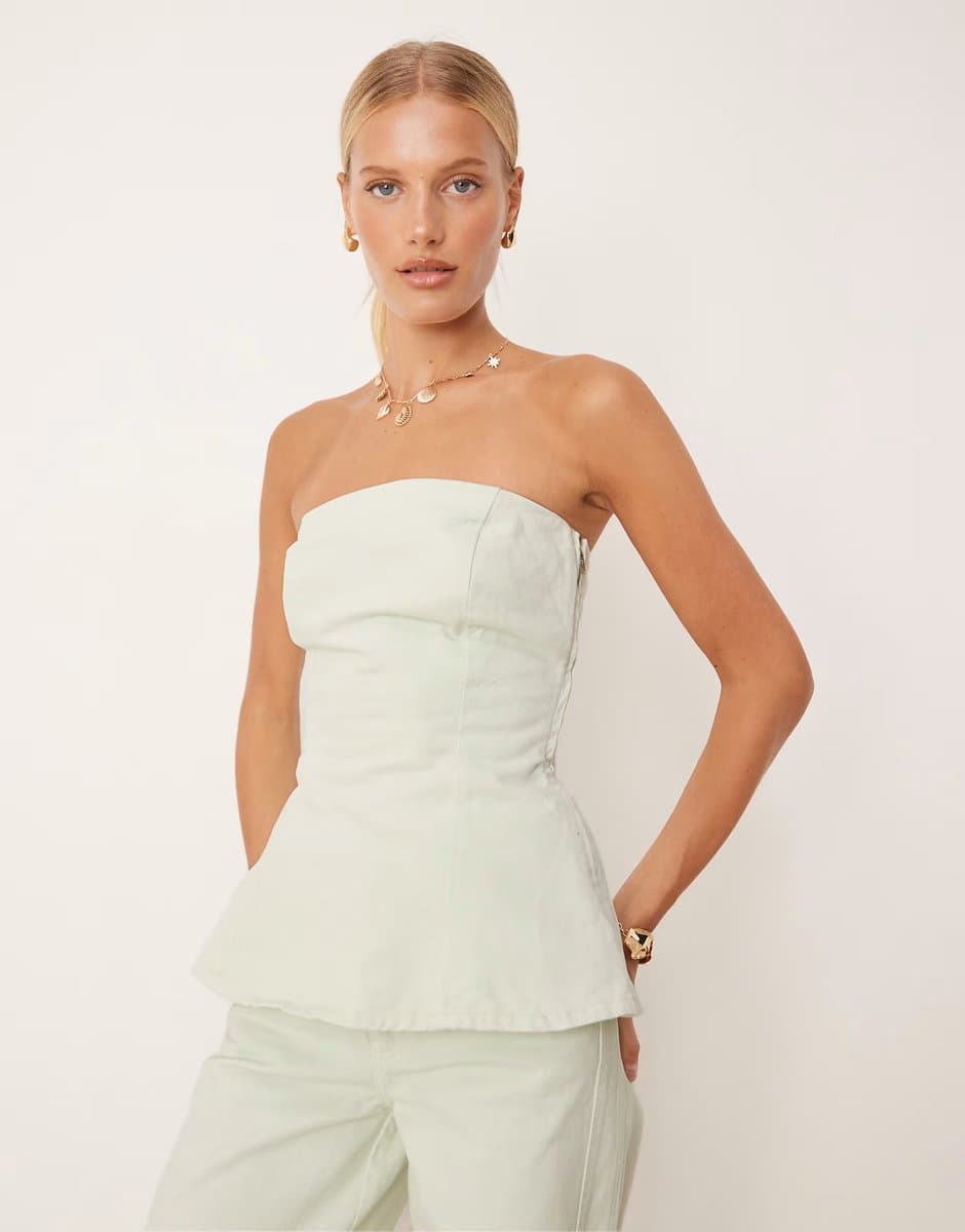 ASOS Mango denim bandeau soft peplum silhouette co-ord with side zip in pastel green