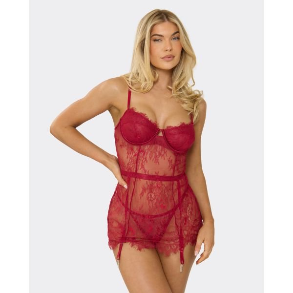 EGO LACE UNDERWIRED SLIP DRESS & THONG SET IN RED, Women's Size UK 6 - 2