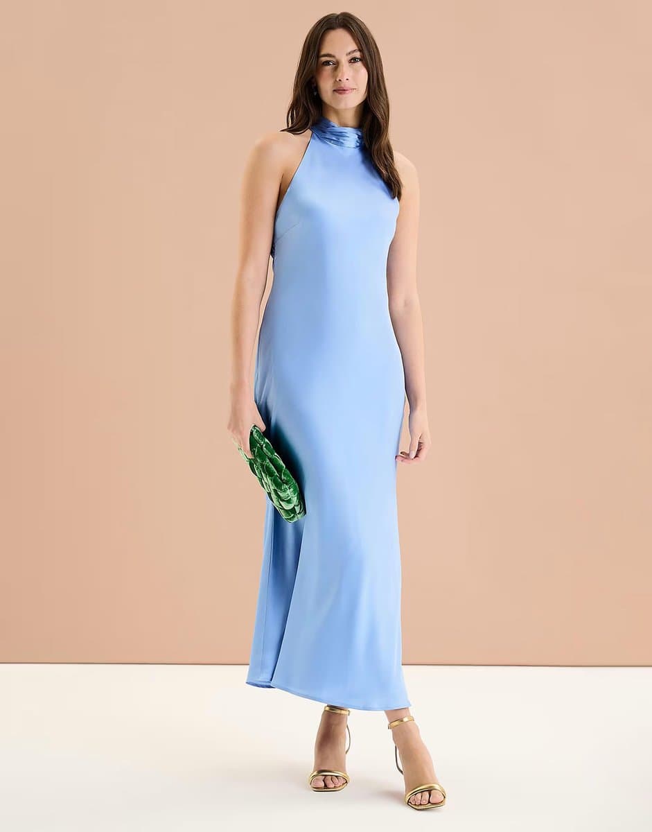 ASOS OMNES Seychelles Back Detail Satin Midi Dress in blue