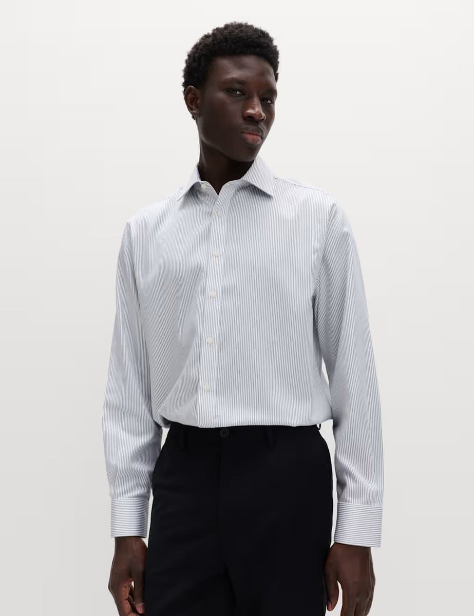 Marks & Spencer M&S Regular Fit Ultimate Non Iron Cotton Striped Shirt Green Mix