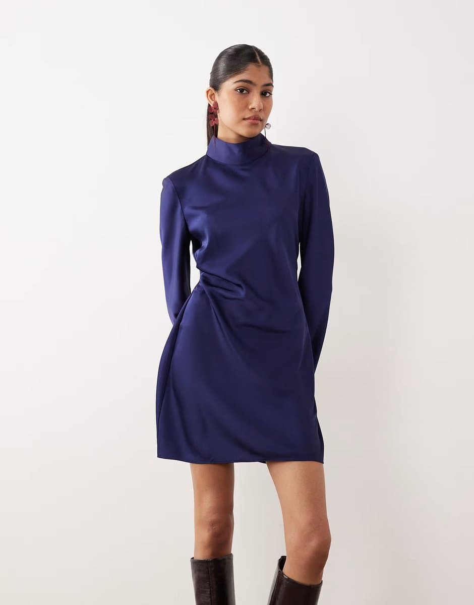ASOS Mango high neck satin long sleeve ruched side mini dress in electric blue