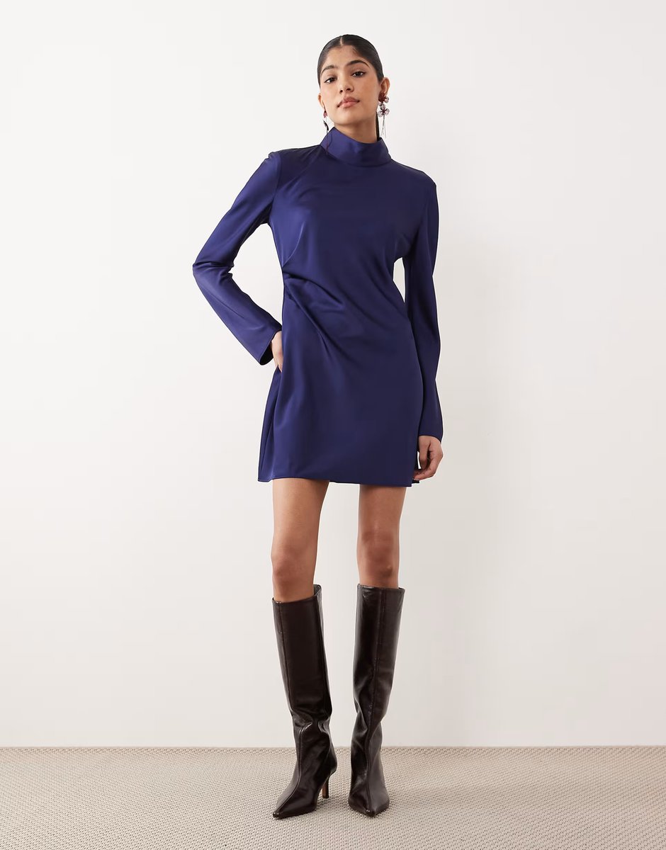 ASOS Mango high neck satin long sleeve ruched side mini dress in electric blue - 3