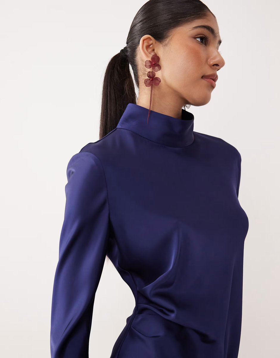 ASOS Mango high neck satin long sleeve ruched side mini dress in electric blue - 4