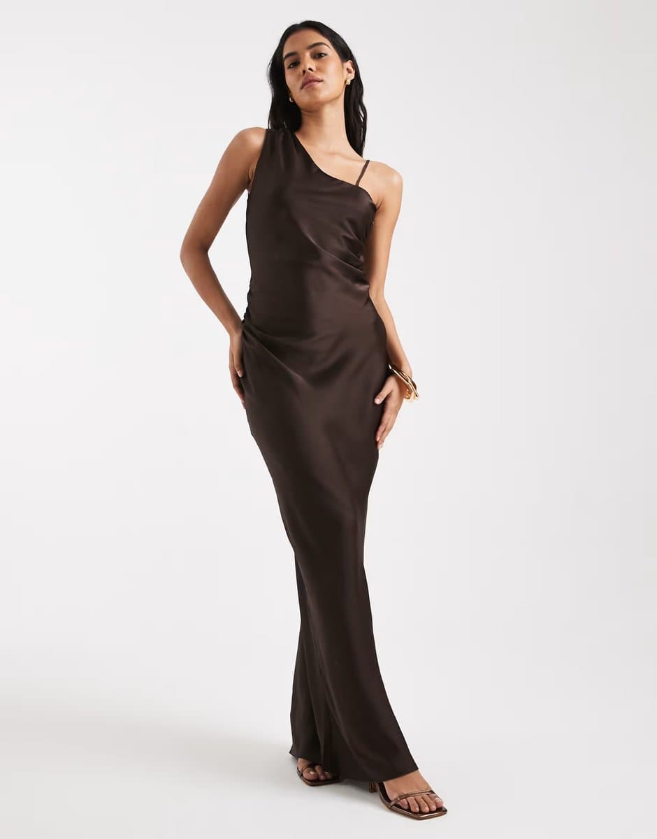 ASOS Vero Moda asymmetric shoulder detail ruched satin maxi dress in chocolate