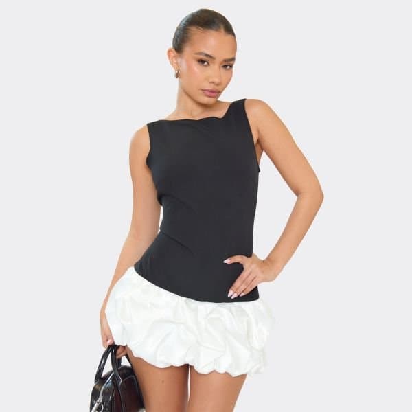 EGO Sleeveless Puffball Ruffle Hem Contrast Detail Playsuit In Black, Women's Size UK 6