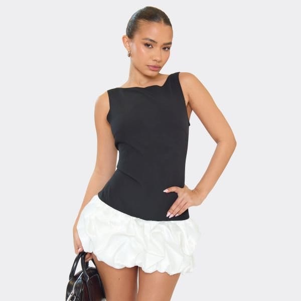 EGO Sleeveless Puffball Ruffle Hem Contrast Detail Playsuit In Black, Women's Size UK 6 - 1