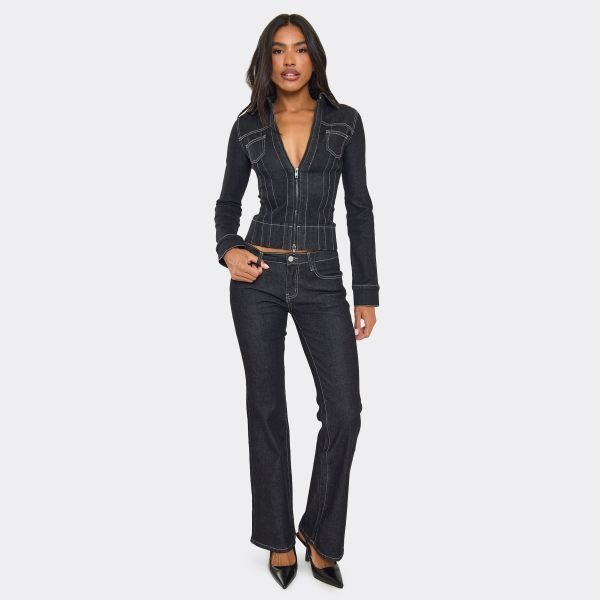 EGO Low Rise Seam Detail Flared Jeans In Black Denim, Women's Size UK 4 - 1