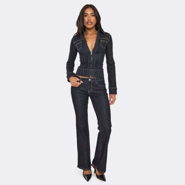 EGO Low Rise Seam Detail Flared Jeans In Black Denim, Women's Size UK 4