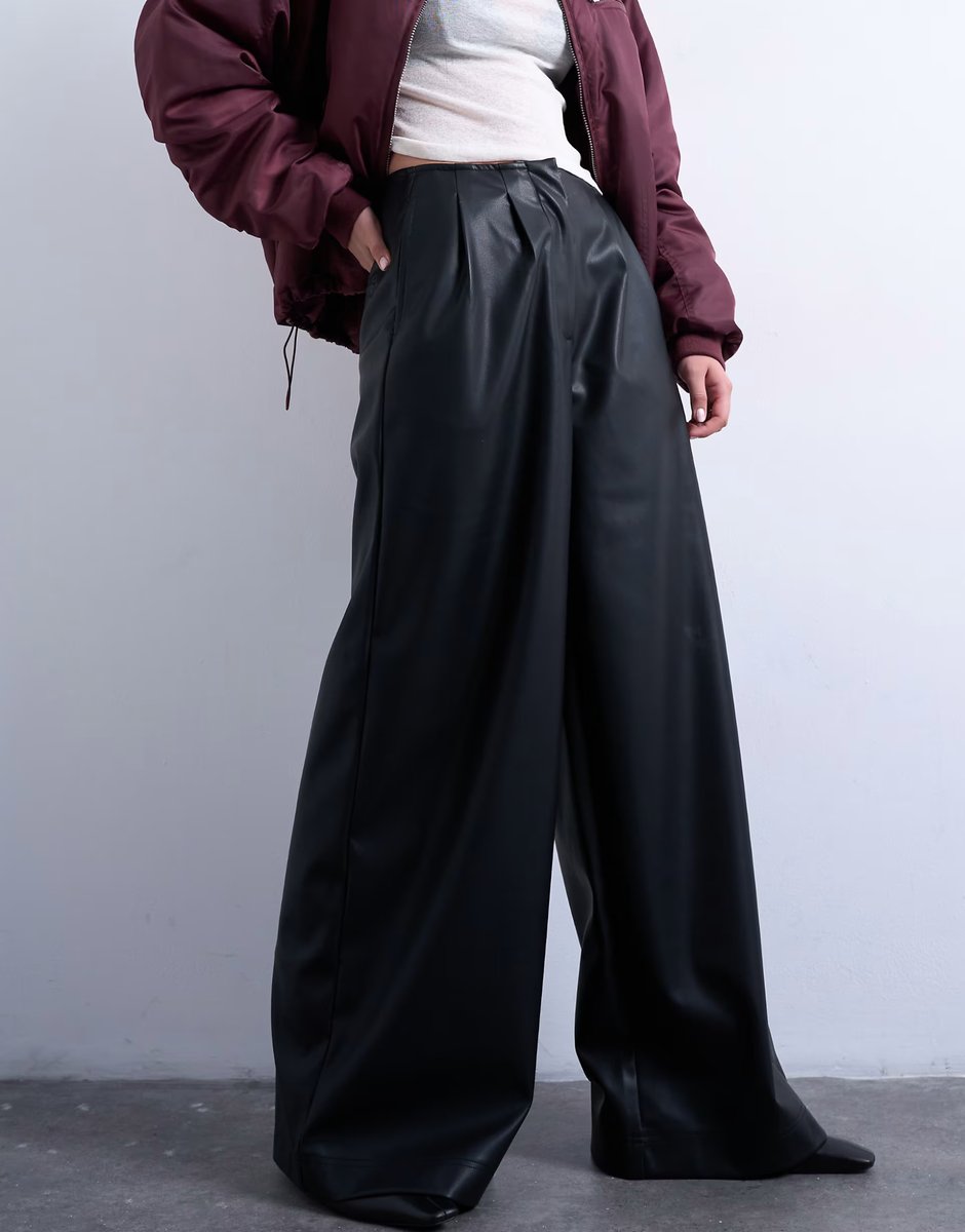 ASOS Topshop faux leather super wide leg trouser in black - 3