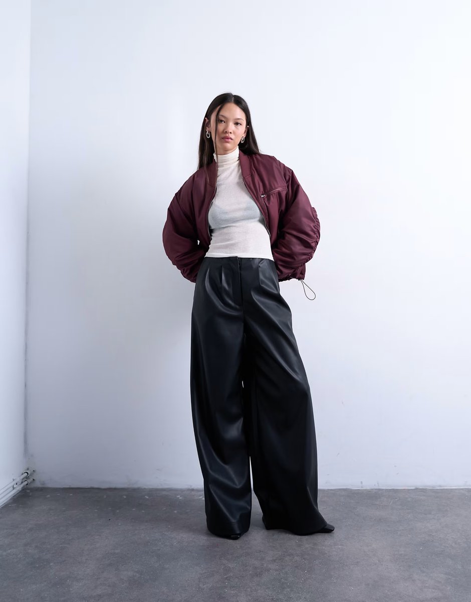 ASOS Topshop faux leather super wide leg trouser in black - 4