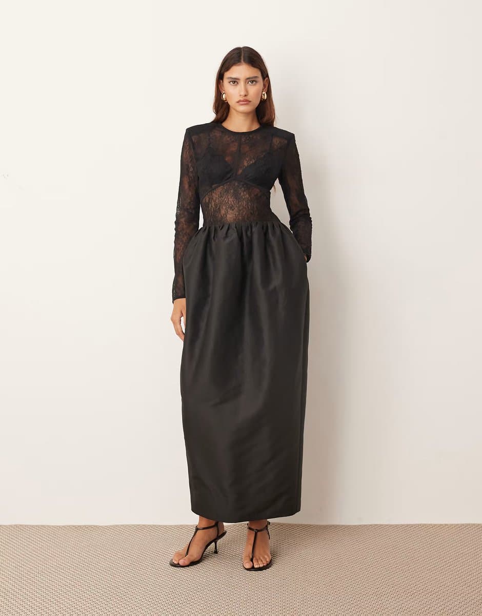 ASOS ARRANGE long sleeve lace and bonded satin maxi dress in black