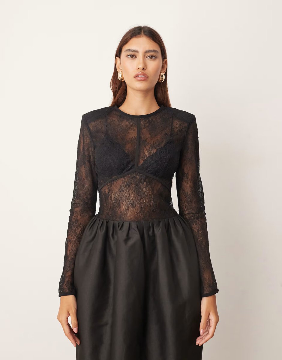 ASOS ARRANGE long sleeve lace and bonded satin maxi dress in black - 3