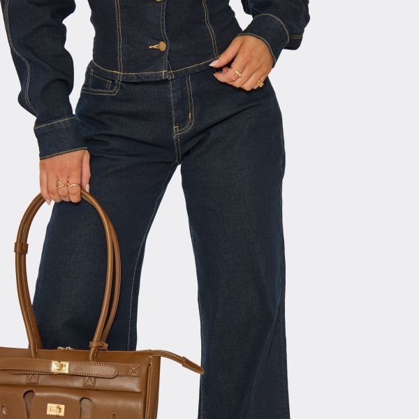 EGO Mid Rise Seam Detail Wide Leg Jeans In Dark Indigo Denim, Women's Size UK 6 - 2