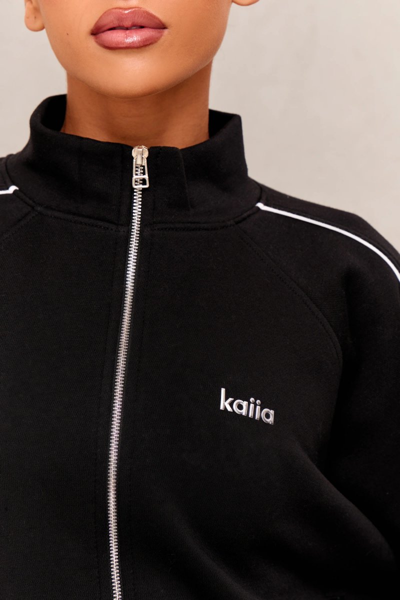 Kaiia Kaiia Chrome Logo Sport Piping Side Stripe Oversized Zip Through Sweatshirt Black & White - 2