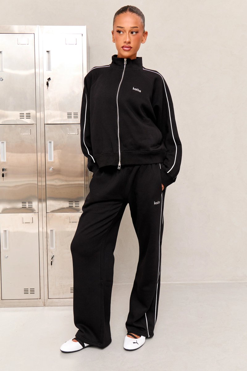 Kaiia Kaiia Chrome Logo Sport Piping Side Stripe Oversized Zip Through Sweatshirt Black & White - 3