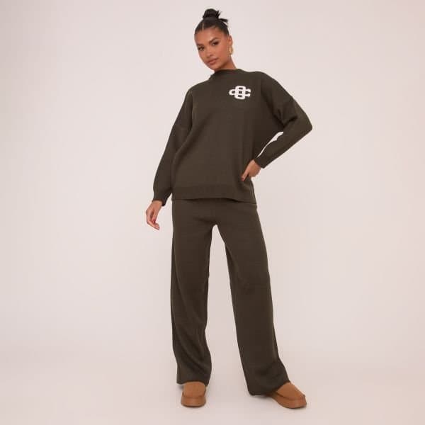 EGO High Waist Wide Leg Joggers In Dark Khaki Knit, Women's Size UK Large L