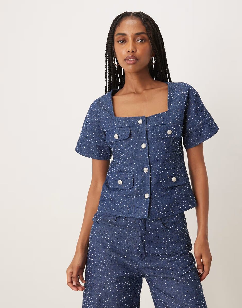 ASOS Sister Jane Daze embellished denim square neck button up top co-ord in blue