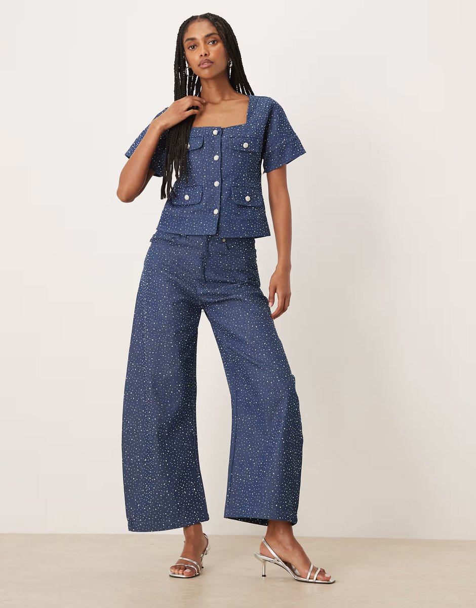 ASOS Sister Jane Daze embellished denim square neck button up top co-ord in blue - 3