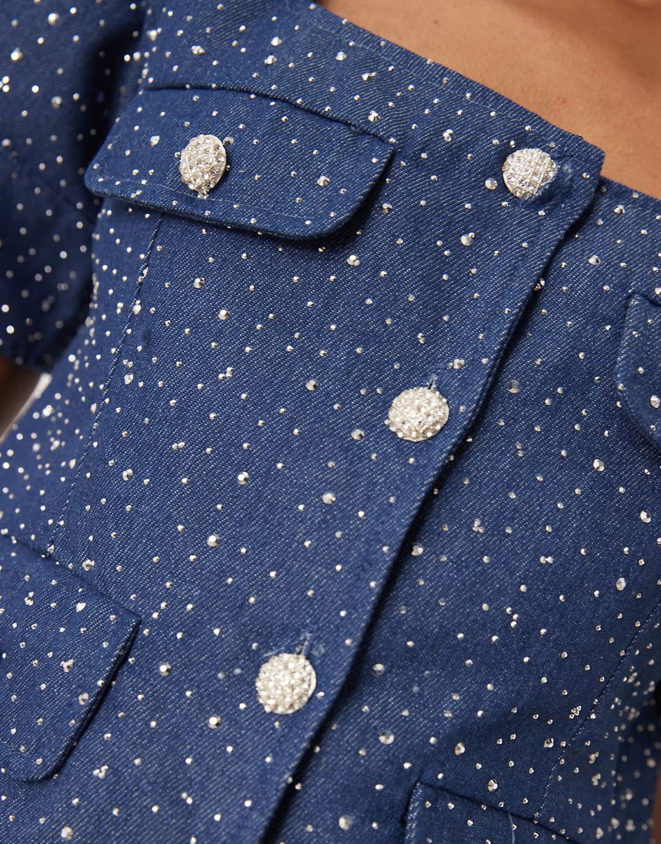 ASOS Sister Jane Daze embellished denim square neck button up top co-ord in blue - 4
