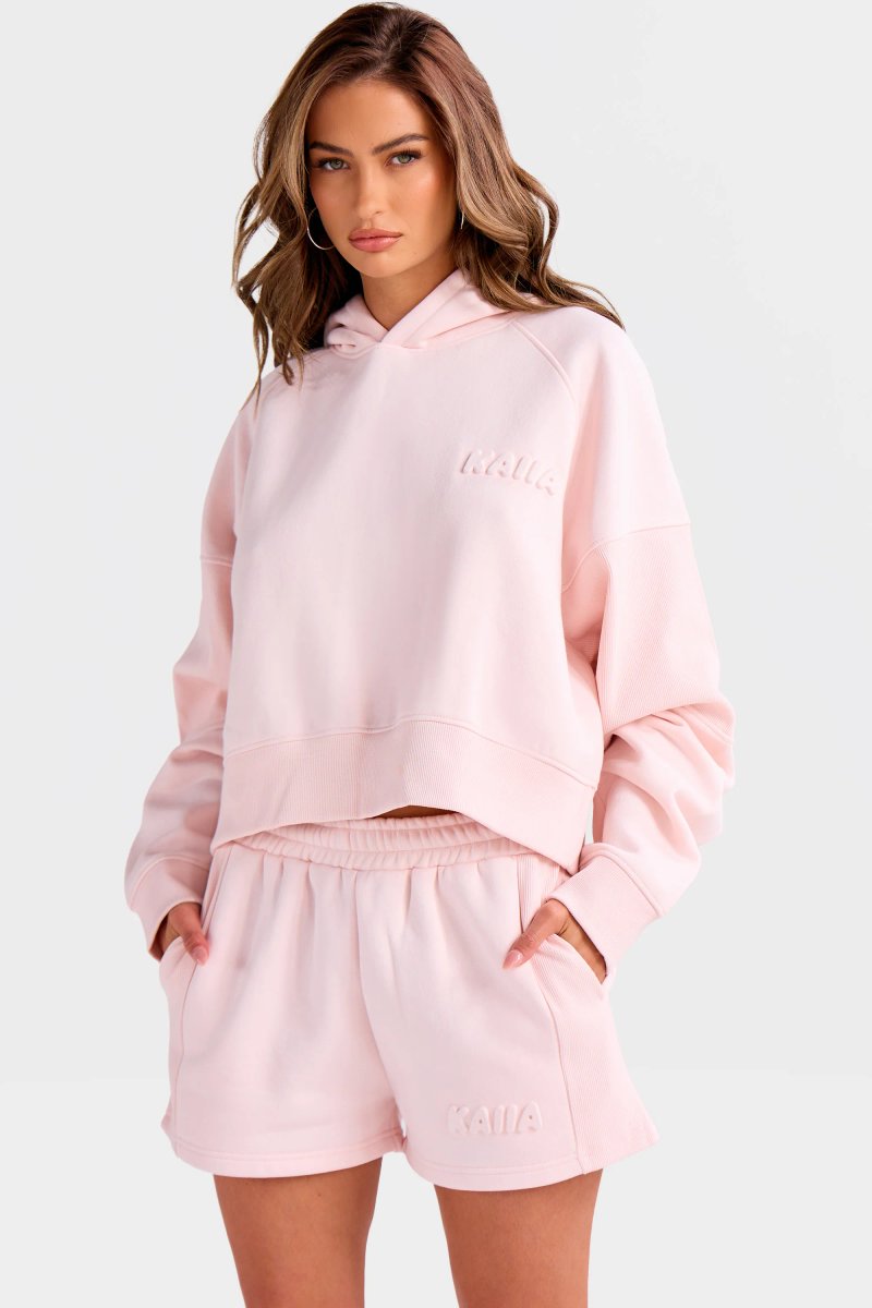 Kaiia Kaiia Embossed Bubble Logo Rib Panel Cropped Hoodie Light Rose - 4