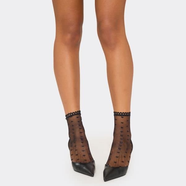 EGO Heart Trim Detail Ankle Socks In Black Fishnet, Women's Size UK One Size