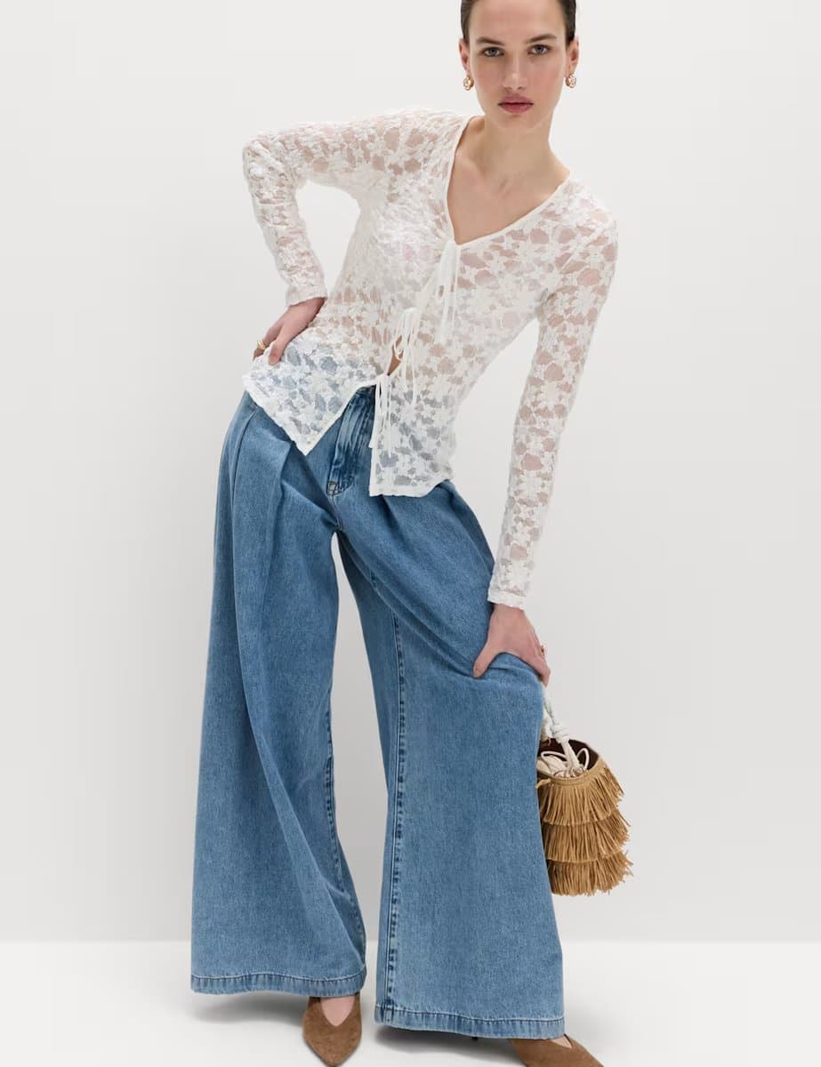 Marks & Spencer M&S Cotton Blend Floral Lace Tie Front Top Soft White