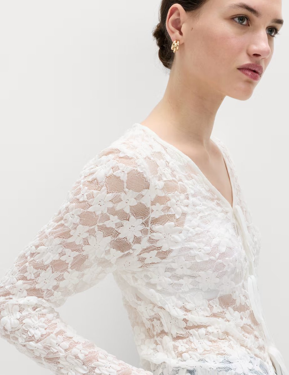 Marks & Spencer M&S Cotton Blend Floral Lace Tie Front Top Soft White - 2