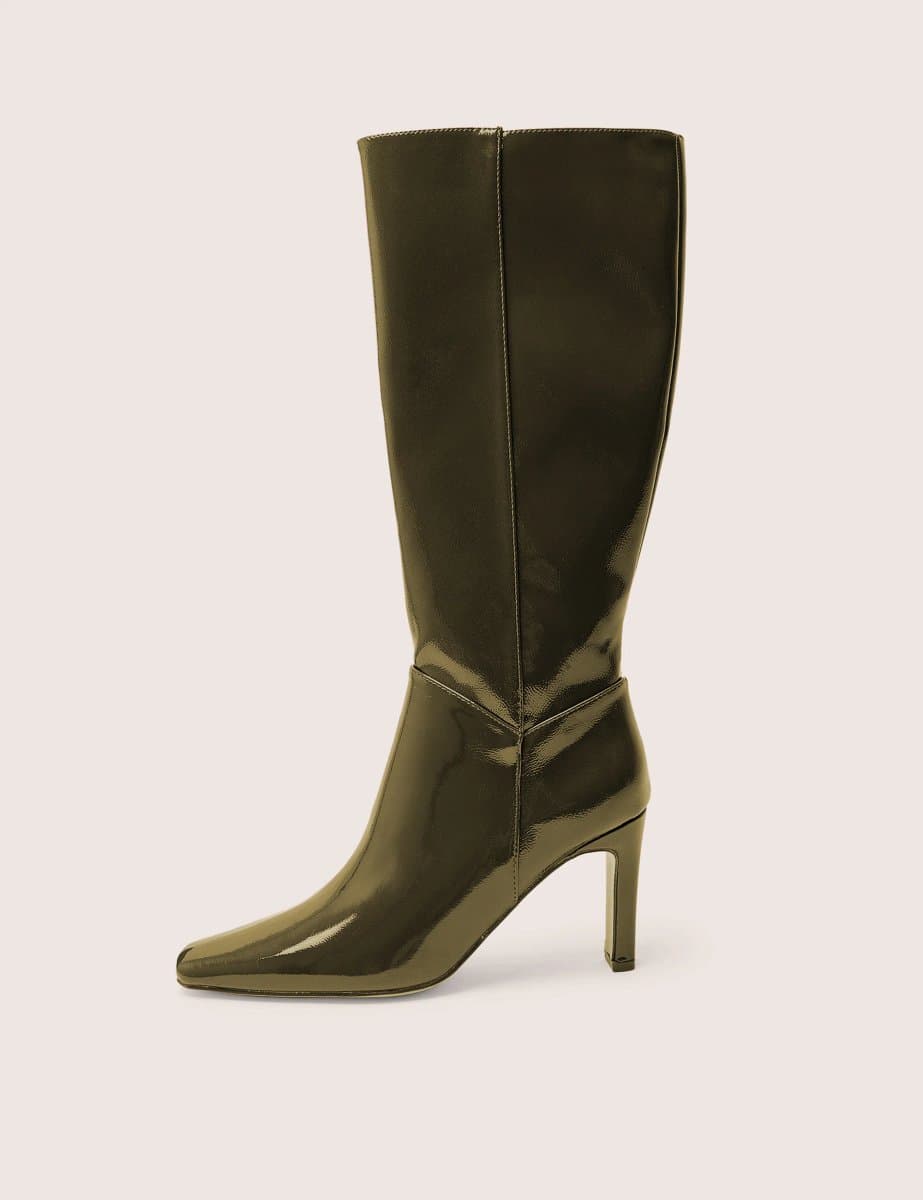 Public Desire Pose Dark Green Zip Up Knee High Slim Block Heeled Boots