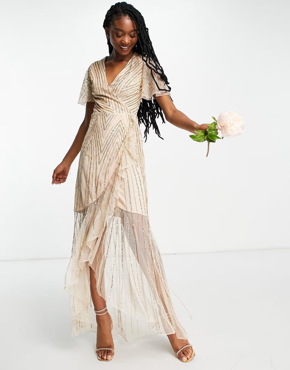ASOS Frock and Frill Bridesmaids embellished wrap maxi dress in pearl pink