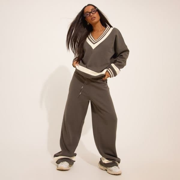 EGO Oversized Tie Waist Contrast Stripe Wide Leg Joggers In Grey, Women's Size UK 4