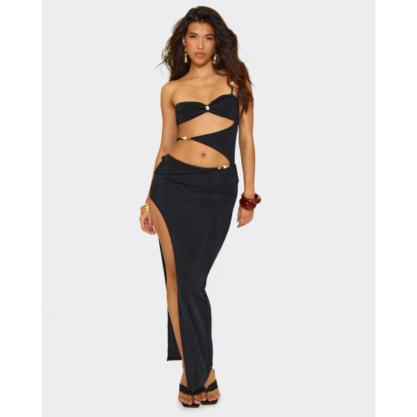 EGO One Shoulder Cut Out Split Hem Gold Bead Trim Detail Maxi Dress In Black, Women's Size UK 10 - 2