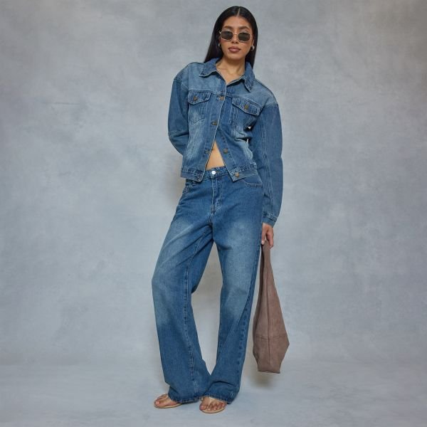 EGO Mid Waist Straight Leg Jeans In Mid Blue Denim, Women's Size UK 6 - 2