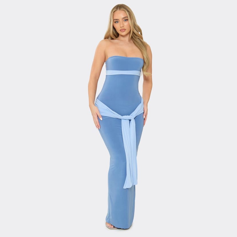 EGO Bandeau Cut Out Drape Detail Colour Block Maxi Dress In Blue Slinky, Women's Size UK 6 - 1