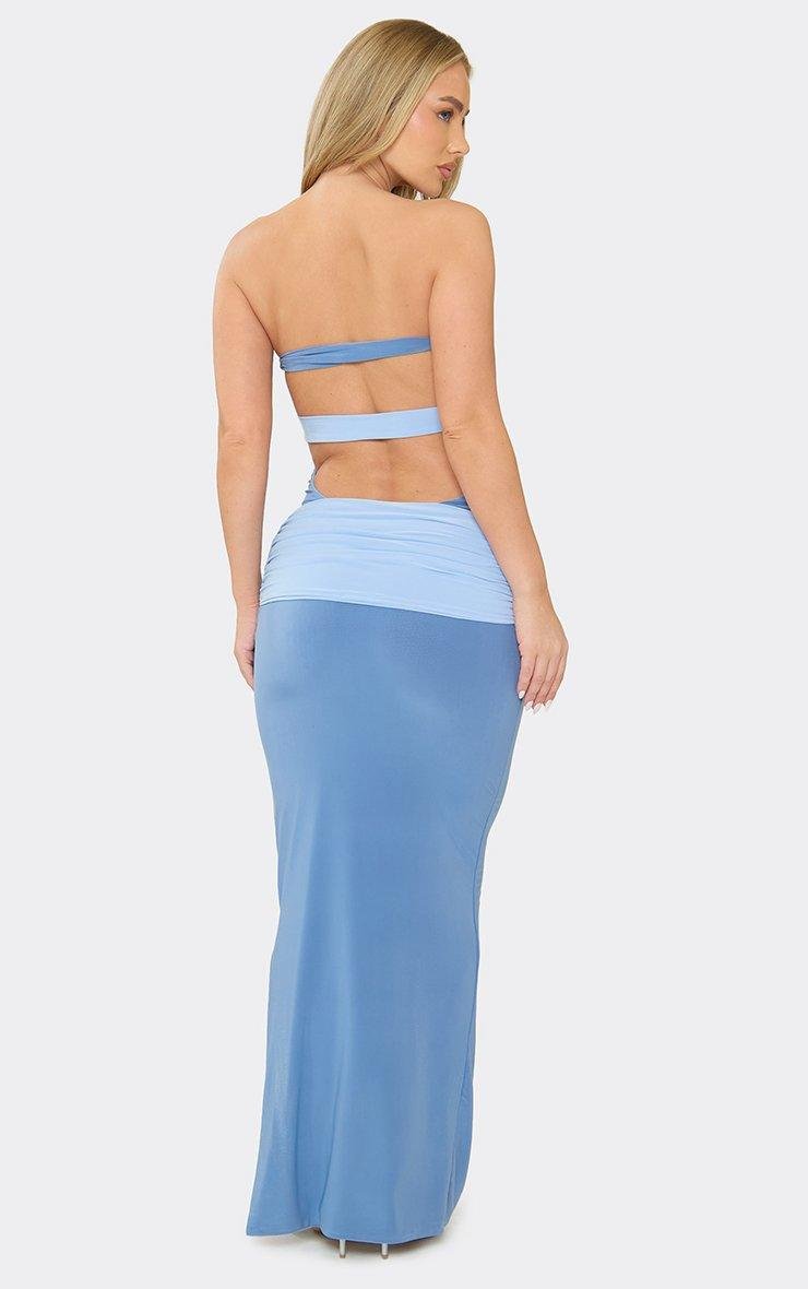 EGO Bandeau Cut Out Drape Detail Colour Block Maxi Dress In Blue Slinky, Women's Size UK 6 - 2