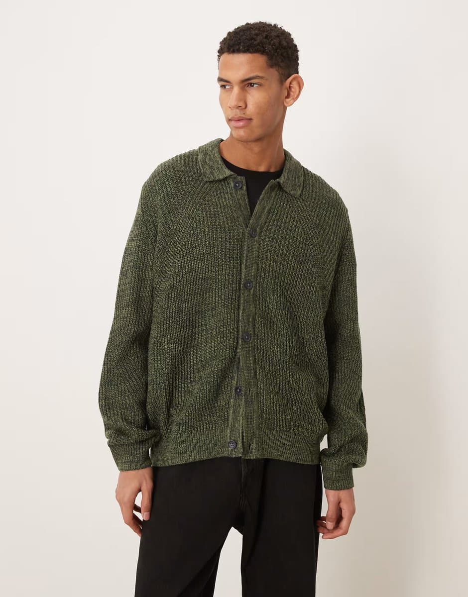 ASOS ASOS DESIGN relaxed knitted ribbed button through cardigan in khaki