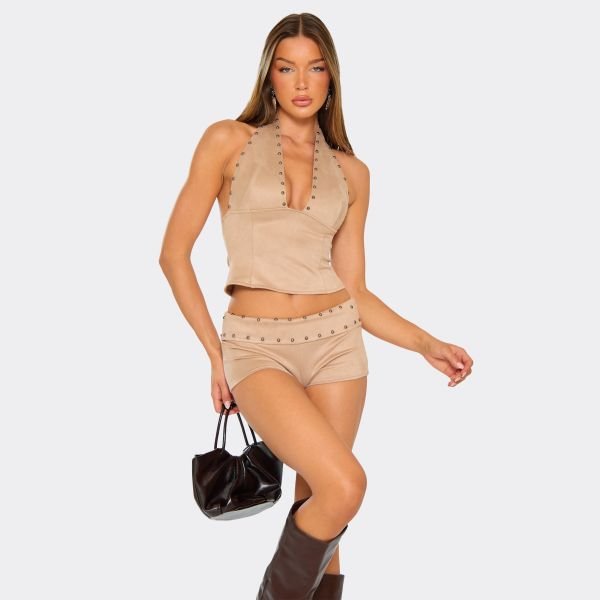 EGO Low Rise Stud Detail Hot Pants In Stone Faux Suede, Women's Size UK 6 - 2