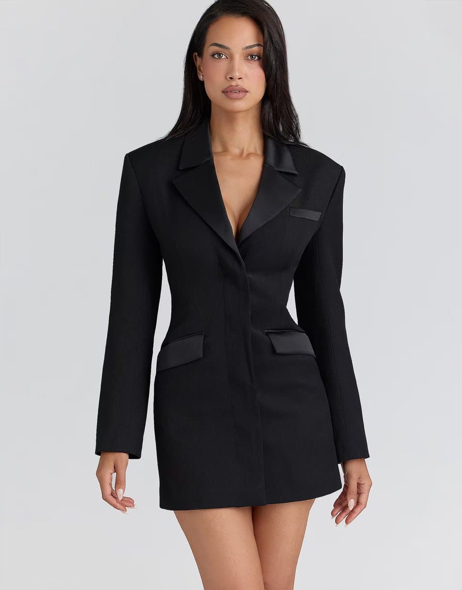 ASOS House of CB Ellis black satin trimmed hourglass blazer dress in black