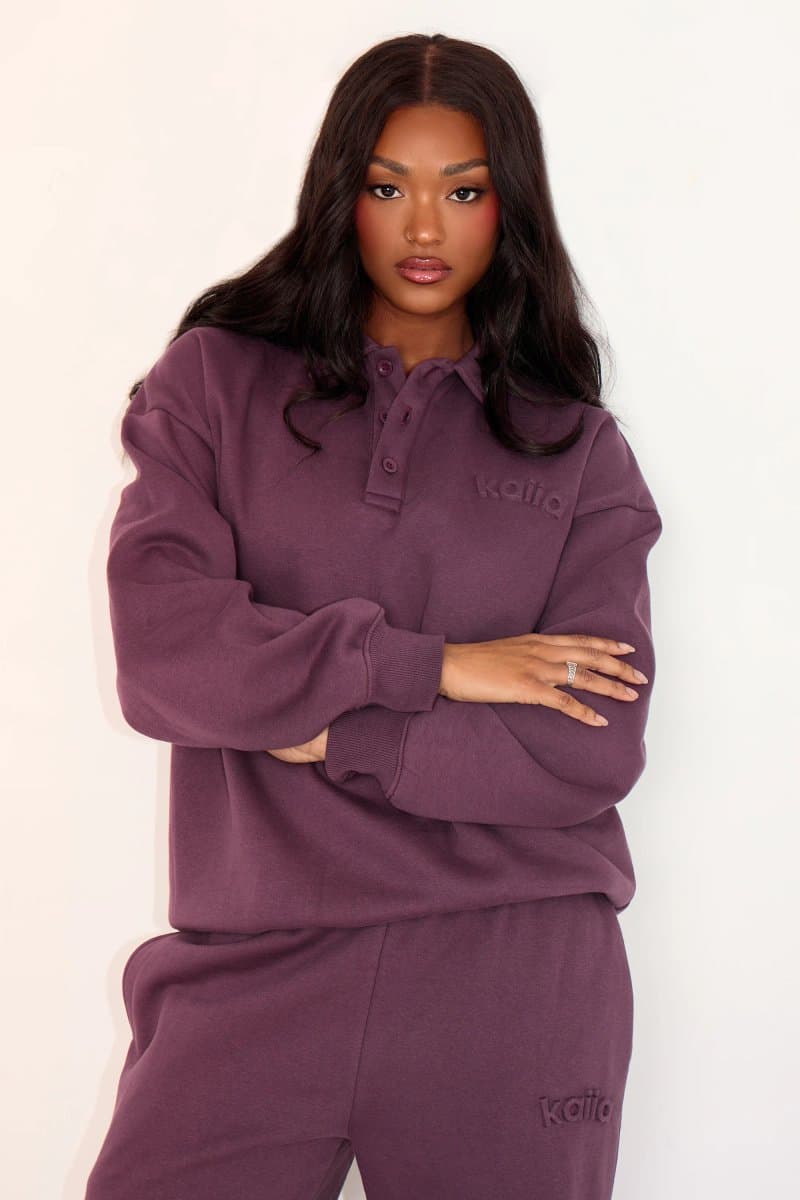 Kaiia Kaiia Button Embossed Logo Polo Sweatshirt Aubergine