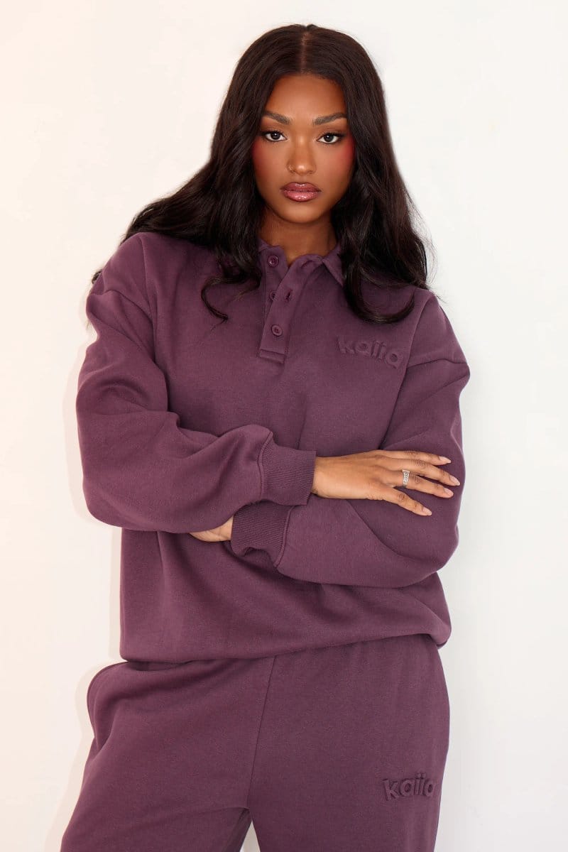 Kaiia Kaiia Button Embossed Logo Polo Sweatshirt Aubergine - 1