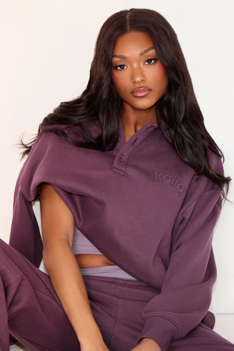 Kaiia Kaiia Button Embossed Logo Polo Sweatshirt Aubergine - 2