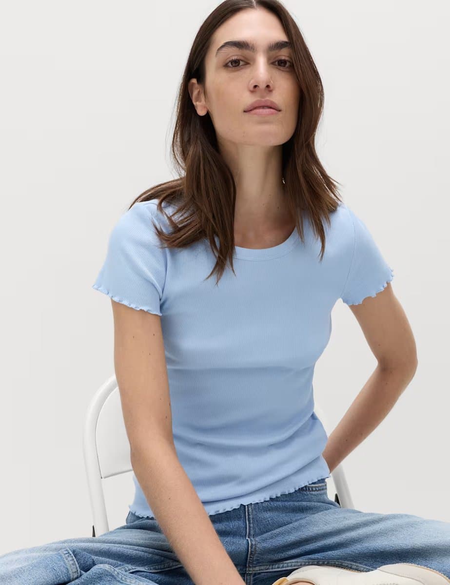 Marks & Spencer M&S Cotton Rich Ribbed Lettuce Edge T-Shirt Light Wedgewood