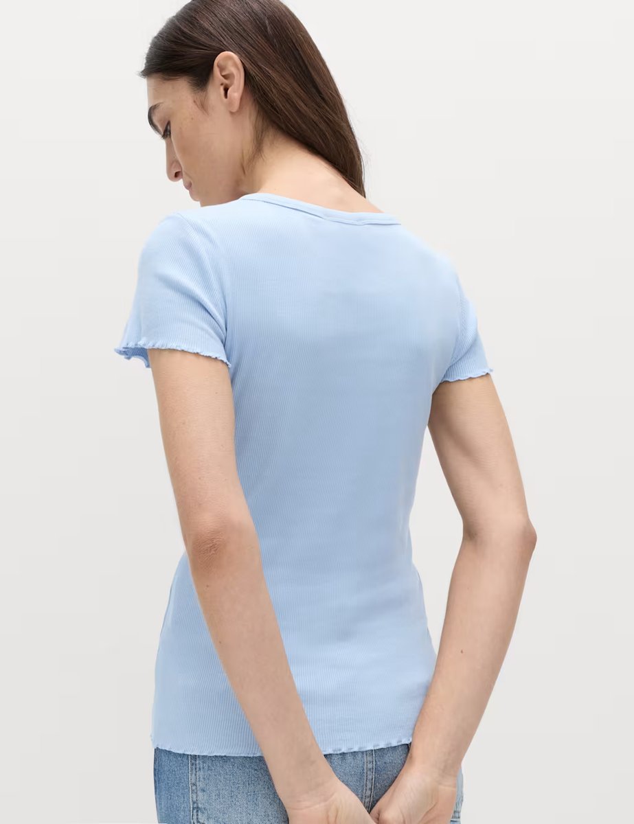 Marks & Spencer M&S Cotton Rich Ribbed Lettuce Edge T-Shirt Light Wedgewood - 2