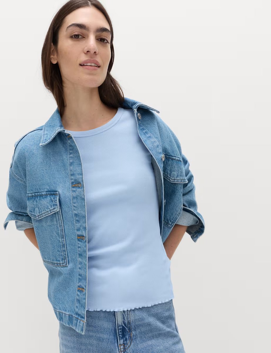 Marks & Spencer M&S Cotton Rich Ribbed Lettuce Edge T-Shirt Light Wedgewood - 3